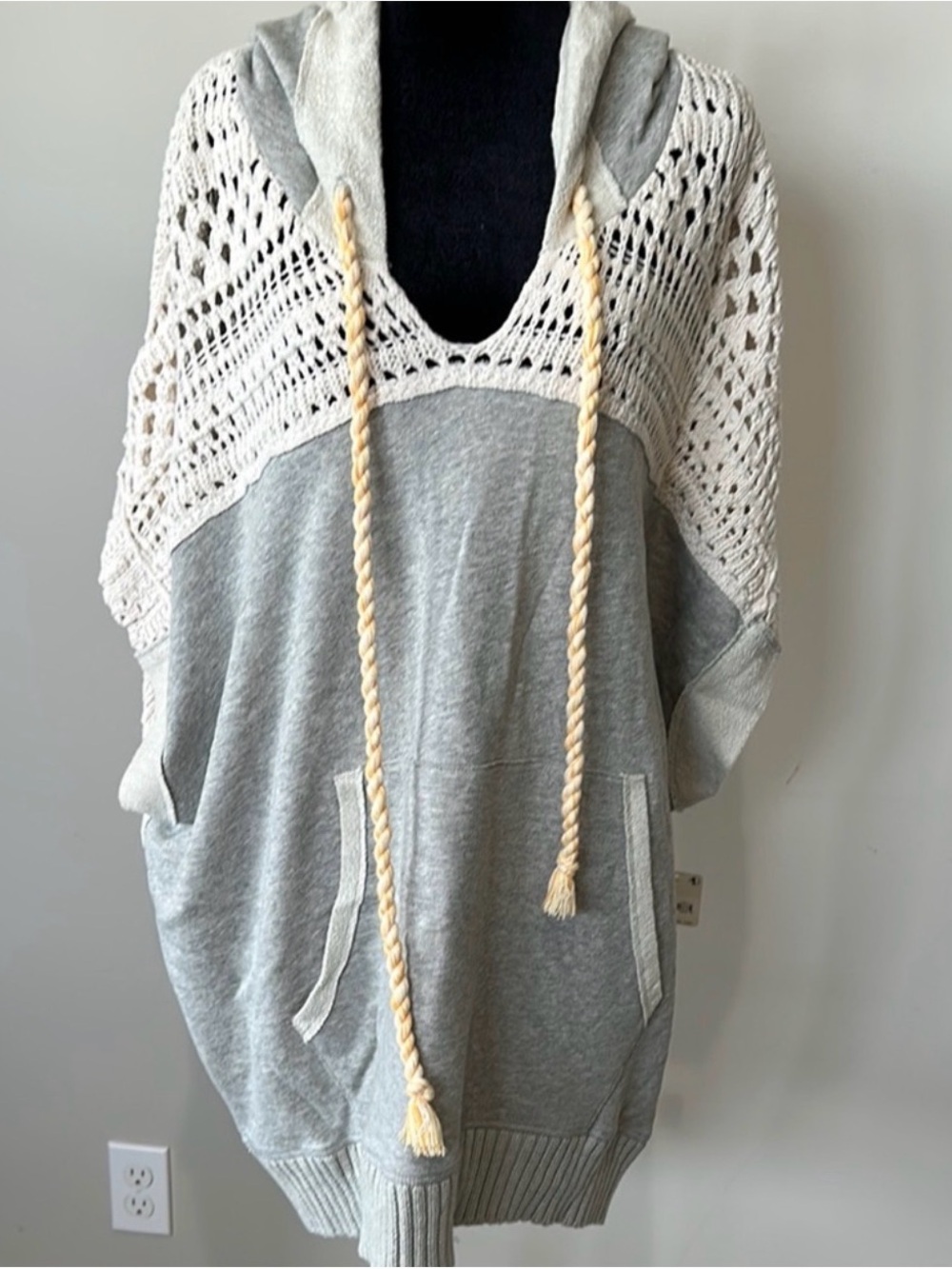 Free People Gray Hooded Tunic with Cream Crochet Yoke